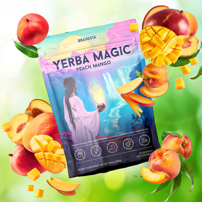 Yerba Magic Peach Mango pouch surrounded by fresh mango and peach slices